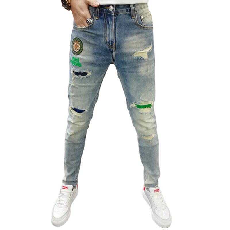 Men's Slim Fit Patchwork Ripped Stretch Jeans