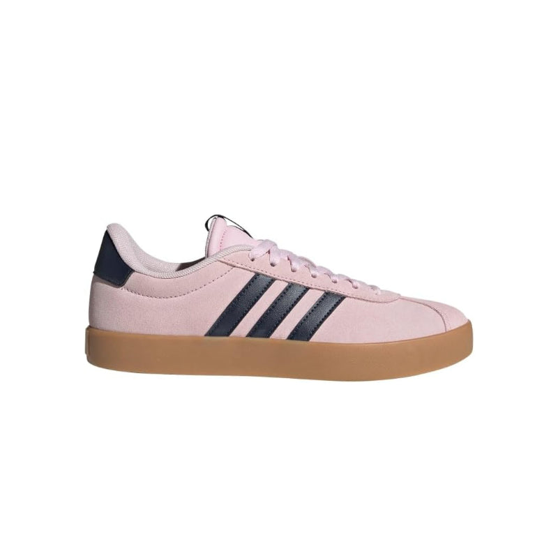Pink sneaker with three black stripes on a white background