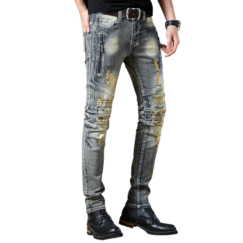 Ripped European and American Distressed Trendy Patchwork Biker Jeans