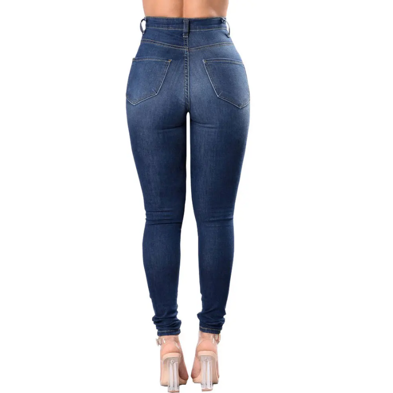 Dark Blue Denim Ripped High-Waist Skinny Jeans for Women