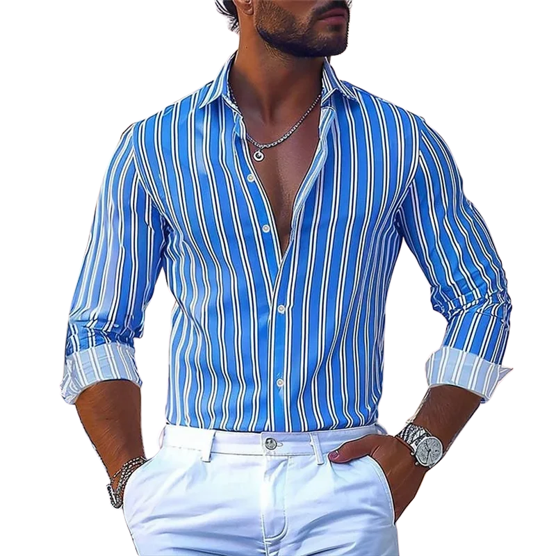 Formal & Casual Long Sleeve Button Top Men’s Striped Lapel Shirt