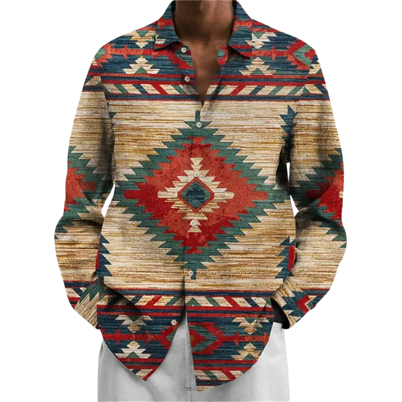 Geometric Print Fashion Streetwear Stand Collar Shirt for Men