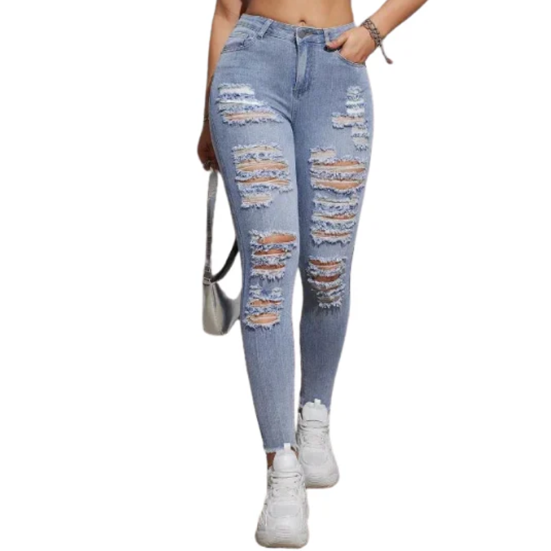 Stretch Denim Pencil Fit Women's High Waist Ripped Skinny Jeans