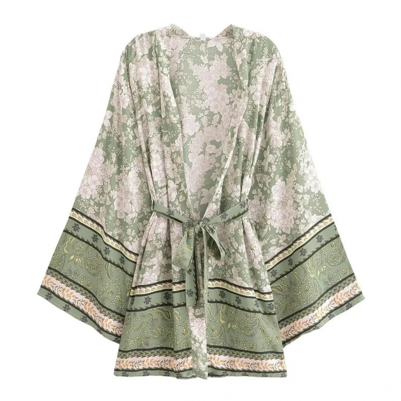 Women's Floral Print Short Kimono with Belt