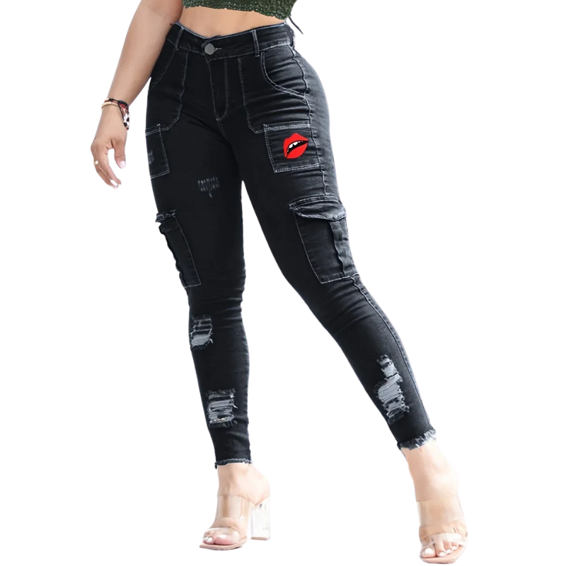 Sexy Blue High-Waist Skinny Jeans for Women with Pockets & Print