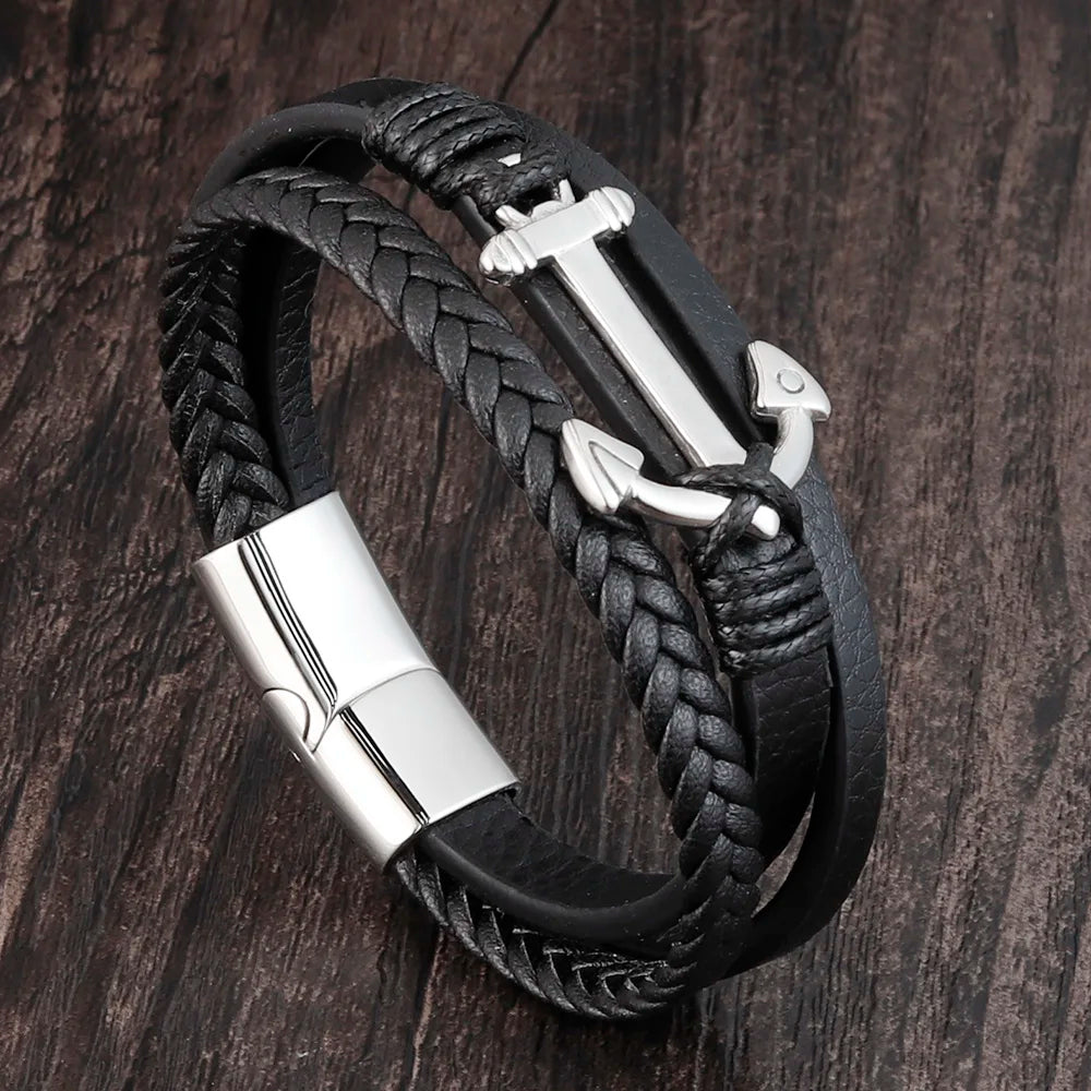 Men's Stainless Steel Anchor Genuine Leather Party Bracelet