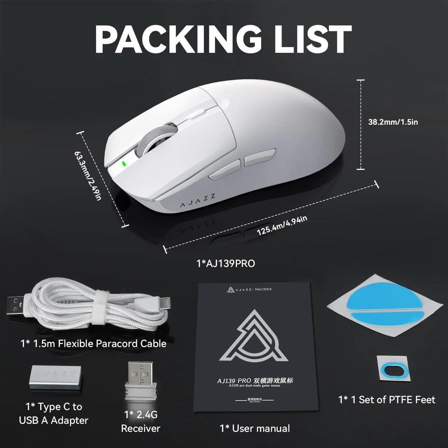 A.JAZZ AJ139 G Pro 4K Wireless Gaming Mouse Ultra-Lightweight 59g with Dual Mode-Wired/2.4Ghz Receiver up to 26K DPI,Ergonomic