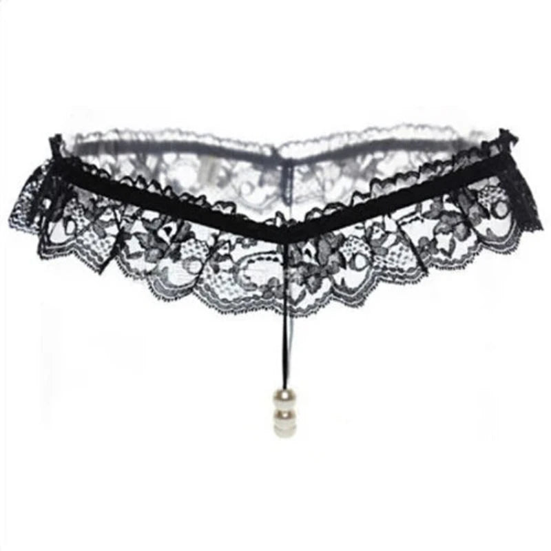 Black lace garter belt with floral lace pattern, elastic waistband, and a dangling pearl bead.