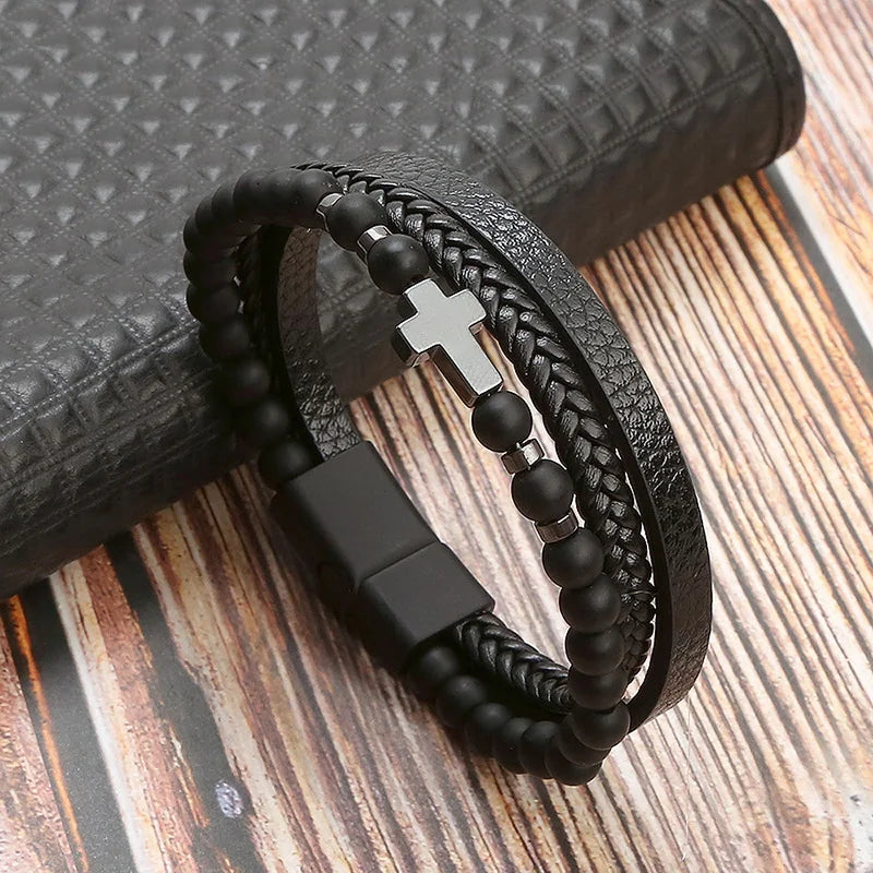 Men's Vintage Multi-Layer Leather Cross & Tiger Eye Bracelet