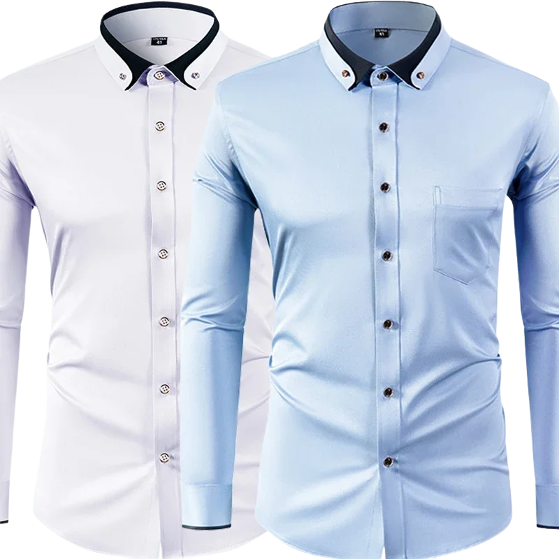 Men’s Slim Fit Elastic Shirt with Contrast Collar & Diamond Buckle