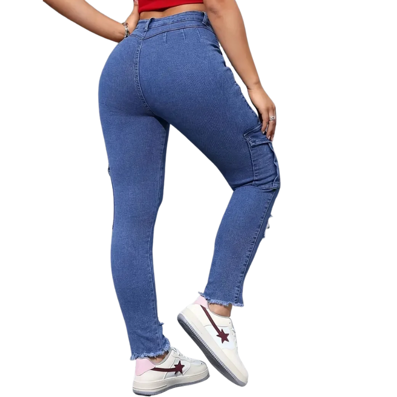 Sexy Blue High-Waist Skinny Jeans for Women with Pockets & Print