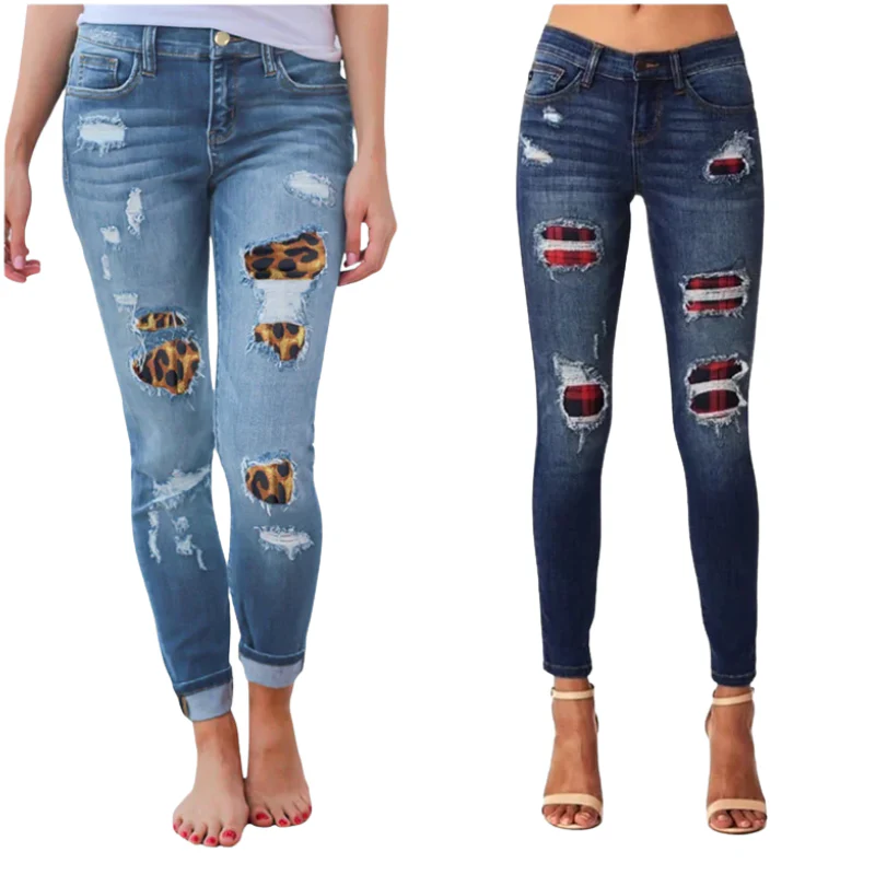 Stretch Denim Hipster Style Women’s Ripped Leopard Skinny Jeans