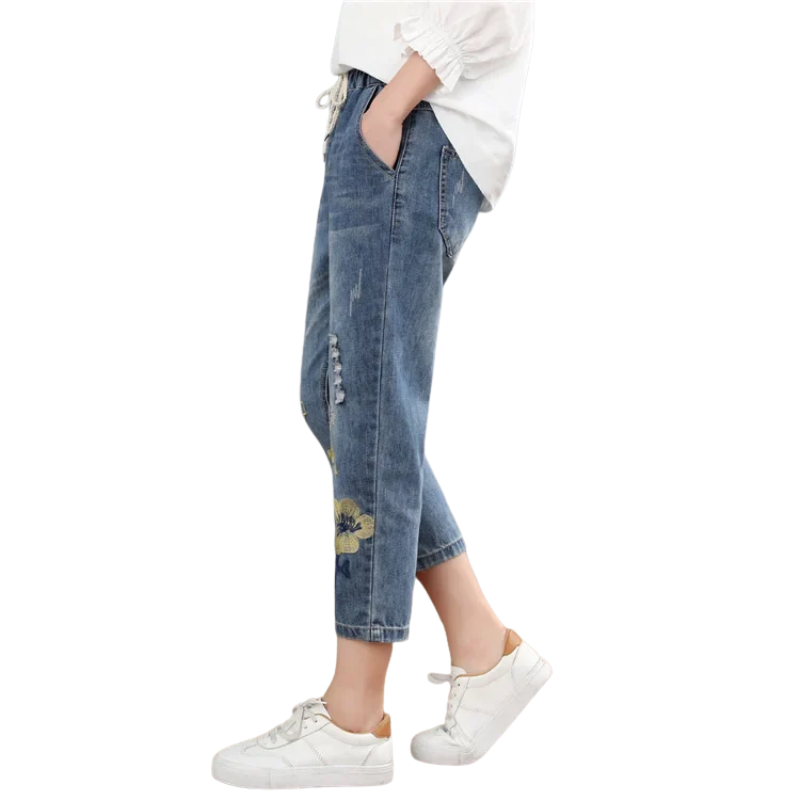 Summer Chic Vintage Floral Embroidered Ripped Harem Jeans for Women