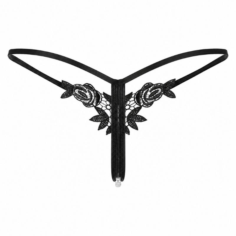 Black lace thong with floral rose embroidery and a central hanging strap