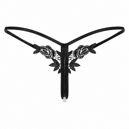 Black lace thong with floral rose embroidery and a central hanging strap