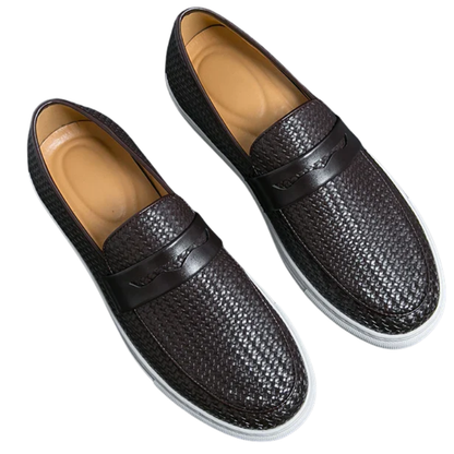 Casual Weave Pattern Flat Men’s Slip-On Leather Loafers