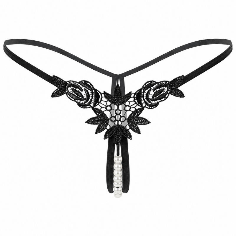 Black lace thong with floral lace appliques and a dangling pearl bead accent