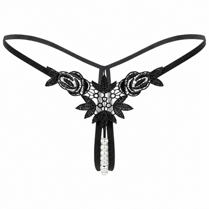 Black lace thong with floral lace appliques and a dangling pearl bead accent