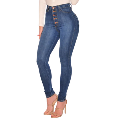 Vintage Button Pencil foot High-Waist Slim Skinny Jeans for Women