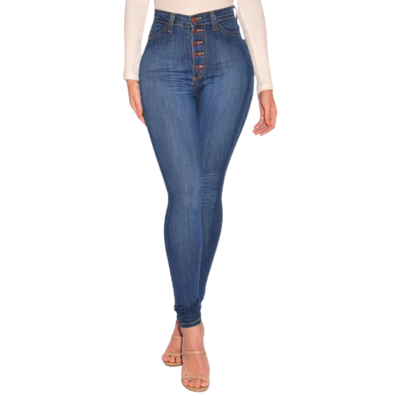 Vintage Button Pencil foot High-Waist Slim Skinny Jeans for Women