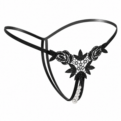 Black lace thong with a thin black elastic band and a decorative center featuring black lace roses, a floral lace motif, and a dangling pearl bead strand