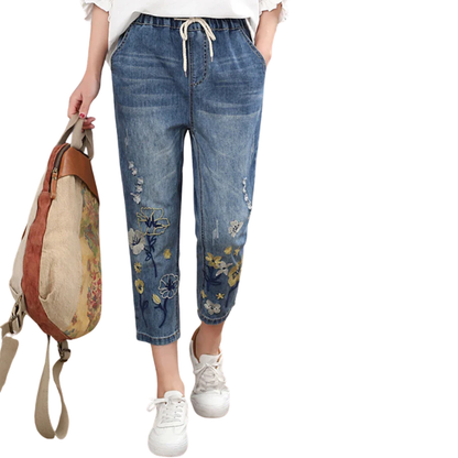 Summer Chic Vintage Floral Embroidered Ripped Harem Jeans for Women