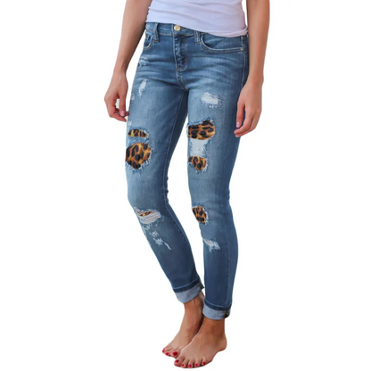 Stretch Denim Hipster Style Women’s Ripped Leopard Skinny Jeans