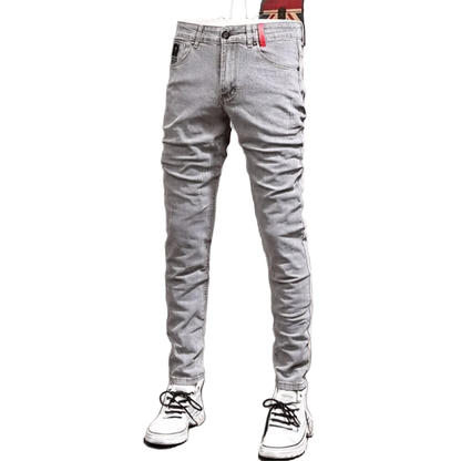 Men’s Retro Gray Stretch Slim-Fit Ripped Denim Jeans