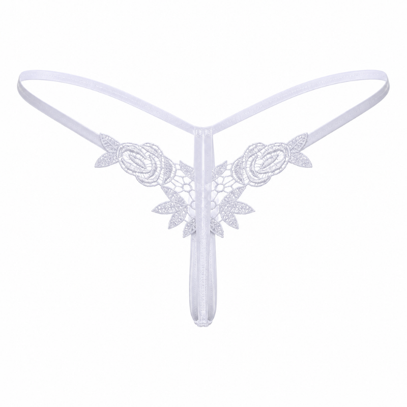 White lace thong with floral rose embroidery and a thin elastic waistband