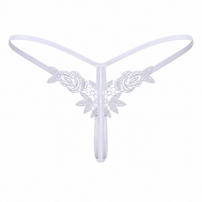 White lace thong with floral rose embroidery and a thin elastic waistband