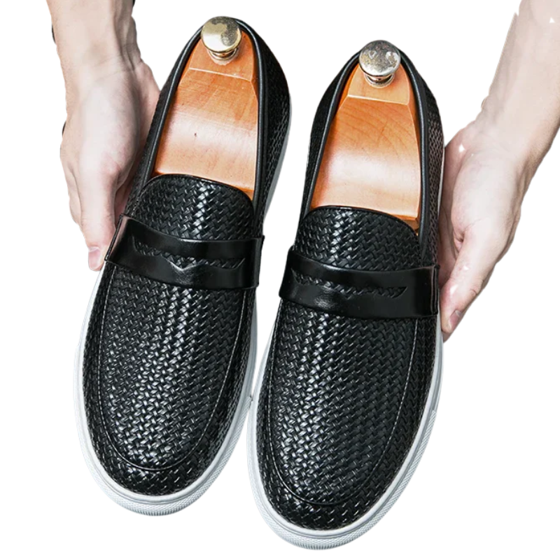Casual Weave Pattern Flat Men’s Slip-On Leather Loafers
