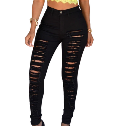 Slim Elastic Fit High-Waist Ripped Skinny Jeans for Women