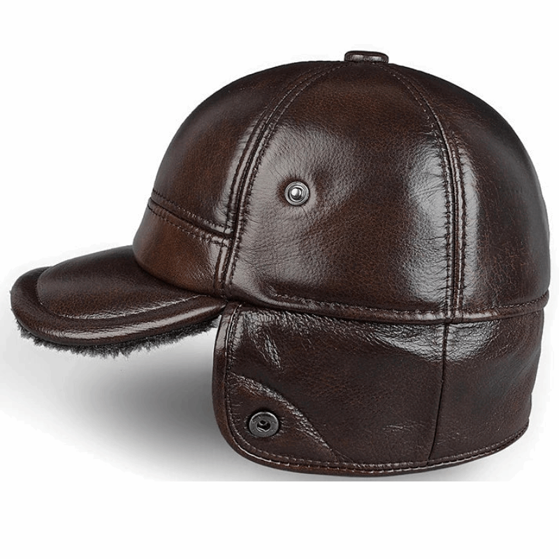 Genuine Leather Winter Bomber Hat with Warm Earmuffs