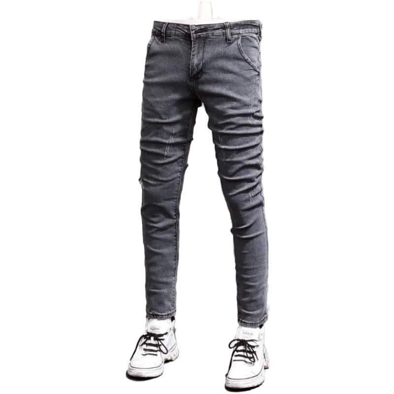 Men’s Retro Gray Stretch Slim-Fit Ripped Denim Jeans