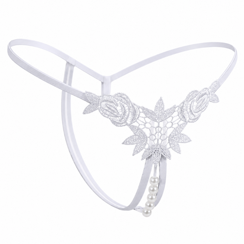 White lace thong with floral lace applique, a thin elastic waistband, and a dangling pearl bead detail