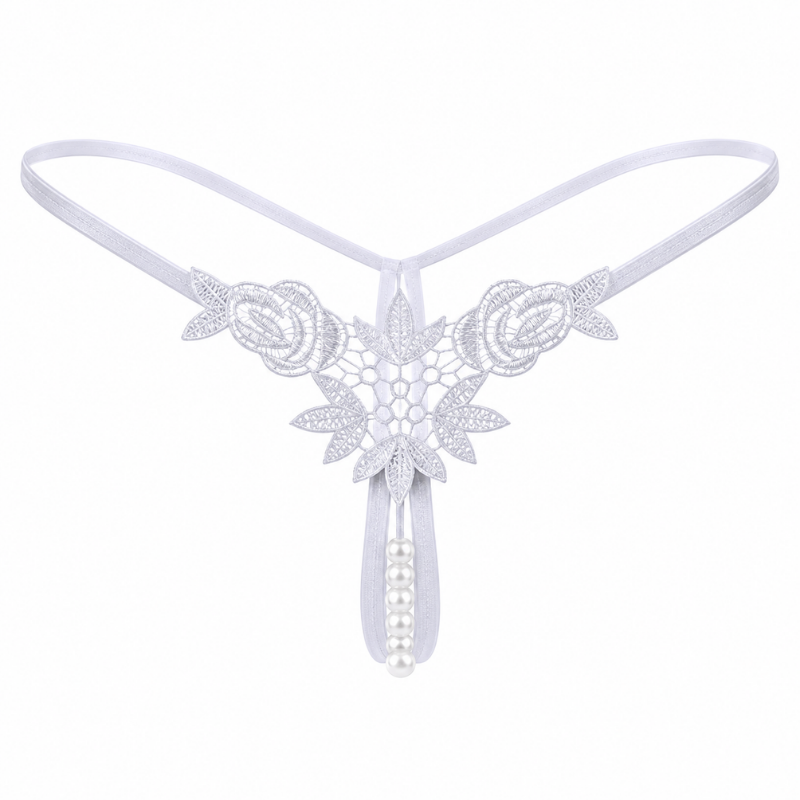 White lace thong with floral lace appliques, a pearl bead drop, and a thin elastic waistband