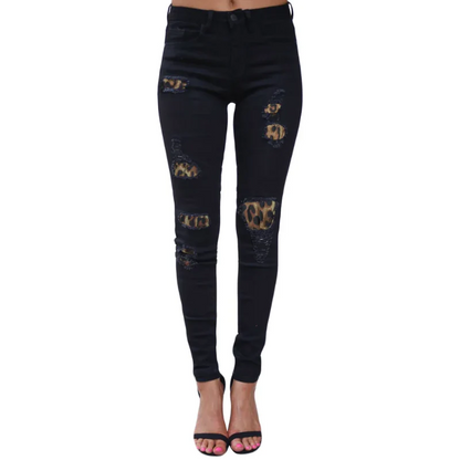 Stretch Denim Hipster Style Women’s Ripped Leopard Skinny Jeans