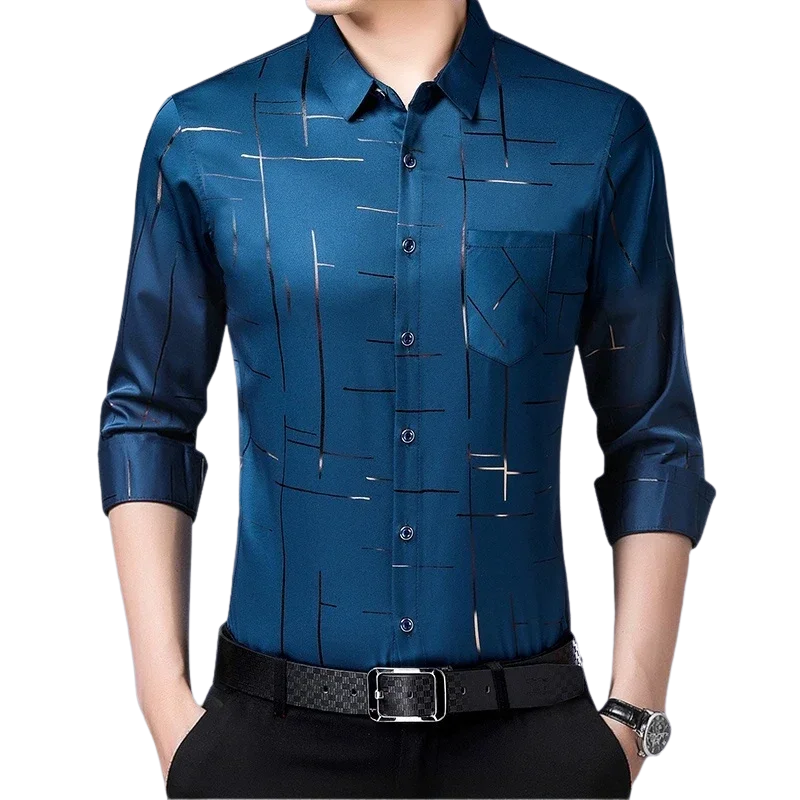 Stylish Long-Sleeve Business Top Men’s Wrinkle-Free Printed Shirt