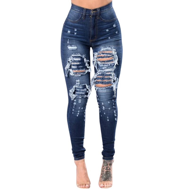 Distressed blue jeans on a white background