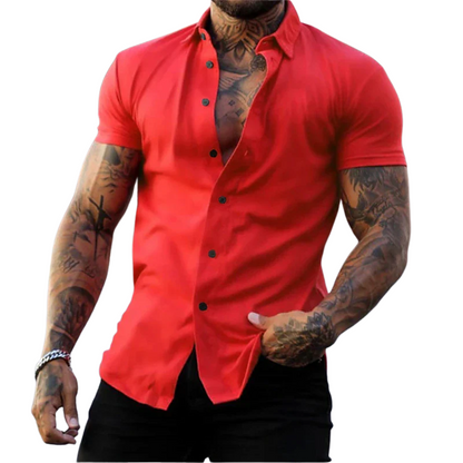 Casual Solid No-Iron Fit Men’s Short Sleeve Stretch Lapel Shirt