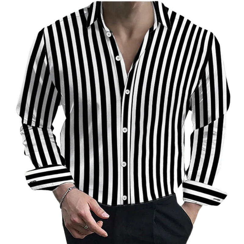 Formal Men’s Striped Long Sleeve Lapel Shirt –  Casual Button Top