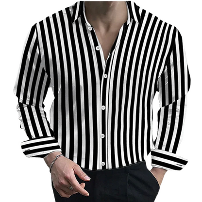 Formal Men’s Striped Long Sleeve Lapel Shirt –  Casual Button Top