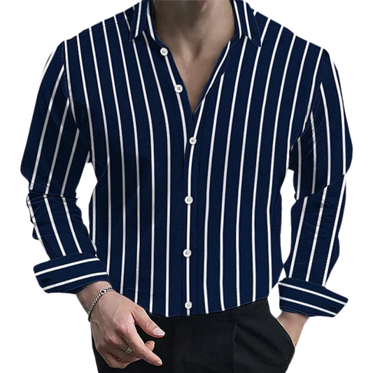 Formal & Casual Long Sleeve Button Top Men’s Striped Lapel Shirt
