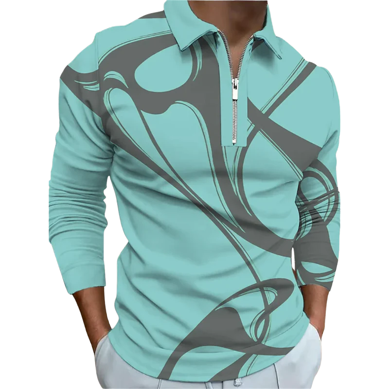 Lapel Digital Print, Zipper Men’s Summer Short Sleeve Polo Shirt