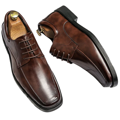 Pair of brown leather dress shoes on a white background