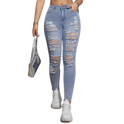 Stretch Denim Pencil Fit Women's High Waist Ripped Skinny Jeans
