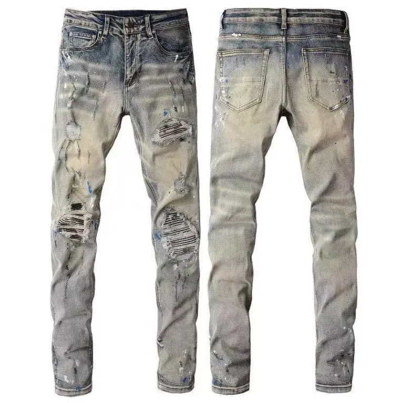 Comfy, Stretch Denim Style Men's Retro Straight-Leg Ripped Jeans