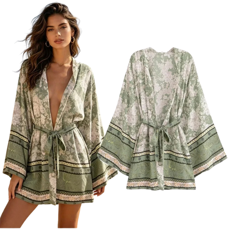 Women's Floral Print Short Kimono with Belt