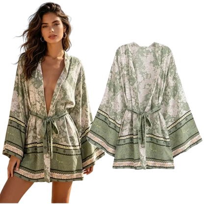Women's Floral Print Short Kimono with Belt