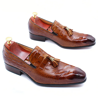 Pair of brown leather loafers with tassels on a white background